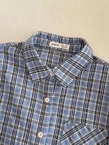 青少年女孩休闲宽松复古学院风长袖衬衫（蓝白配色），返校季 - 藍色 - 查看 3