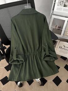 SHEIN Lacomfia Chaqueta casual de manga larga con cremallera, bolsillos múltiples y cordón para mujer de talla grande