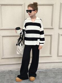 SHEIN 青少年女孩休闲罗纹高领黑白条纹毛衣和纯黑色阔腿裤两件套，适合秋冬季 - 黑與白 - 查看 7