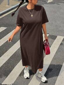 SHEIN EZwear 大码休闲纯色短袖T恤连衣裙 - 棕色 - 查看 6