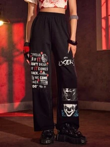 IT x SHEIN Quần cạp chun màu đen họa tiết chữ và kinh dị dành cho nữ - màu đen - Xem 3