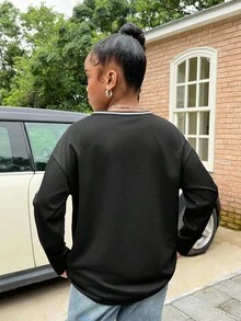 SHEIN Tween Girls Black Jersey T-Shirt, Loose & Comfortable, Versatile Fashion Casual Wear - Black - View 2