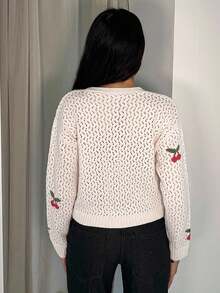 Glamine 女士樱桃图案镂空长袖单排扣休闲薄款开衫 - 杏色 - 查看 6