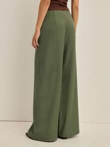 Nöista Pantalones de pierna ancha con detalles de pliegues en la parte delantera y cremallera invisible en la costura lateral. Ropa de mujer elegante para primavera, vacaciones, verano. Vacaciones de lujo, salir, boda, fiesta, festival, vacaciones, verano - Verde - Ver 2