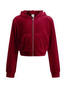 SHEIN 青少年女孩天鹅绒水钻口袋连帽拉链运动衫和修身喇叭裤休闲优雅两件套 - 酒紅色 - 查看 9