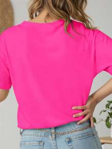 EMERY ROSE 大码女式万圣节蝙蝠骷髅图案休闲圆领落肩 T 恤，街头风格和度假氛围 - 玫紅色 - 查看 2