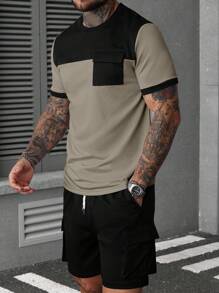 Manfinity Homme Men's Summer Casual Pocket Patchwork T-Shirt And Shorts Set