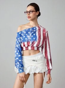 ROMWE Avant Women's Y2K Retro Sports Style Jersey Girl American Flag Print Cropped Oblique Shoulder Sweatshirt - Multicolor - View 5