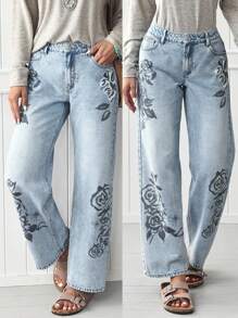 EMERY ROSE Jeans rectos y sueltos con estampado floral casual - Lavado ligero - Ver 1