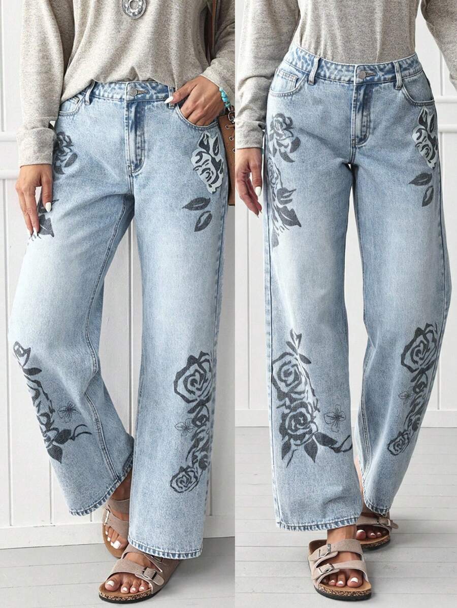 EMERY ROSE Jeans rectos y sueltos con estampado floral casual - Lavado ligero - Ver 1