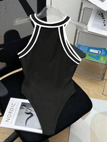 SHEIN 少女撞色滚边露背连体衣/连身裤，休闲运动装 - 黑與白 - 查看 2
