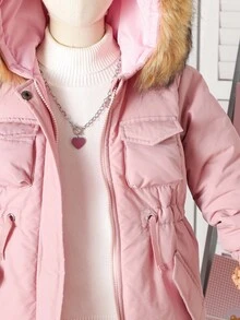 SHEIN 女童少女秋冬新款简约时尚百搭厚棉衣，带毛领，拉链，口袋，腰部收紧，棉服 - 粉色 - 查看 7