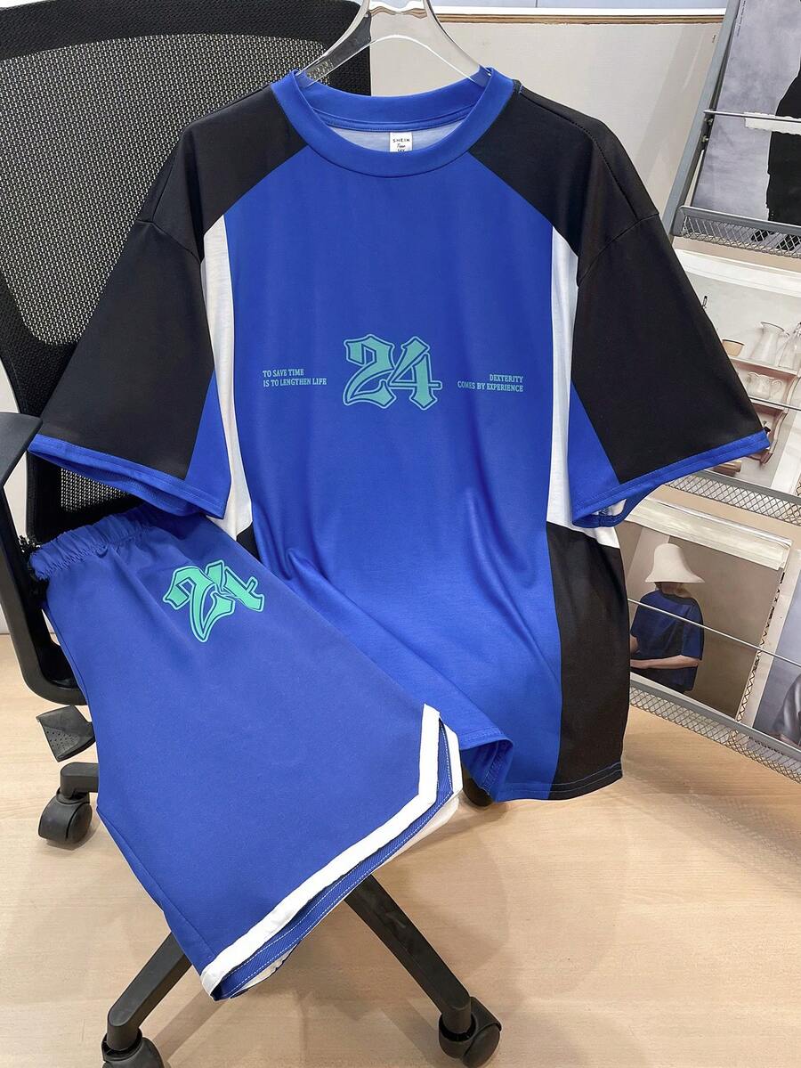 SHEIN Teen Boy Patchwork Sports Letter Contrast Color Short Sleeve T-Shirt And Shorts Set,Baby Blue,Summer,Streetwear Casual School Style,Comfortable Soft - Royal Blue - View 1