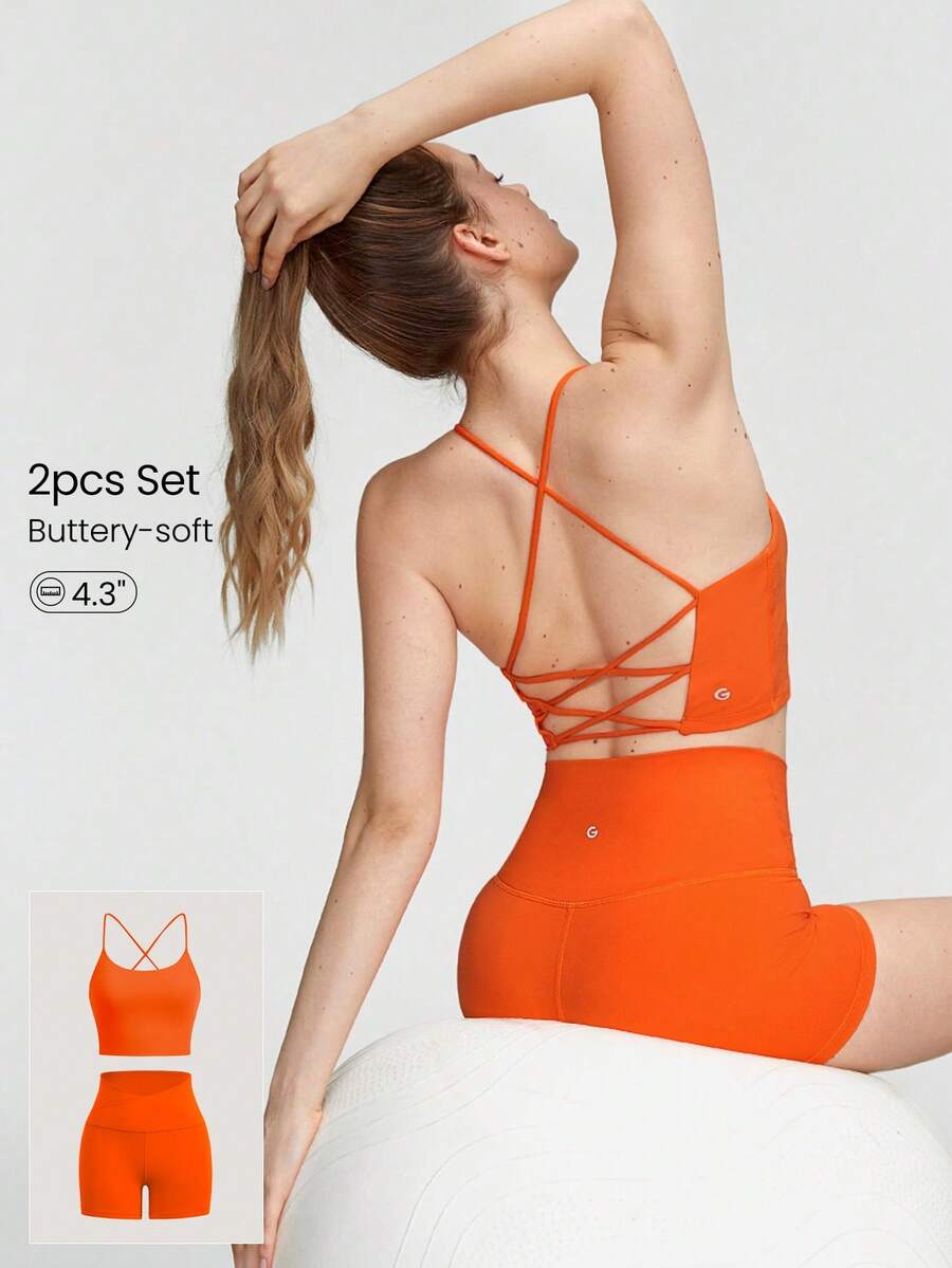 GLOWMODE FeatherFit™運動內衣和8英寸短褲套裝，背部帶綁帶運動內衣背心和高腰側口袋運動車手短褲，適用於低衝擊度瑜伽日常跑步健身夏季訓練 - Orange Ignite - 查看 1