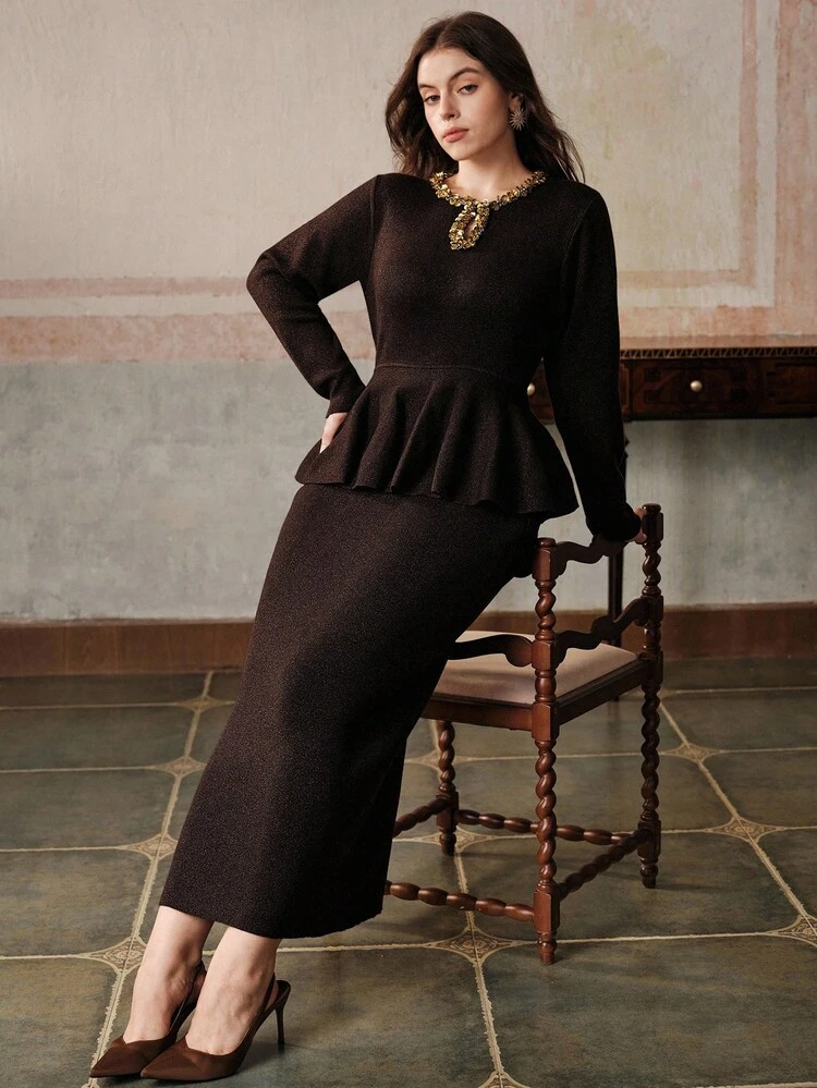 High-End Fashion Vintage Inspired Retro Coin Sequin Embellished Wool Blend Ruffle Hem Plus Size Dress