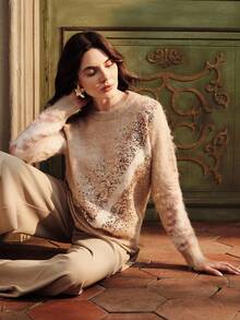 Anewsta Damski sweter w paski z okrągłym dekoltem i długim rękawem, cekinami - Wielokolorowe - Zobacz 1