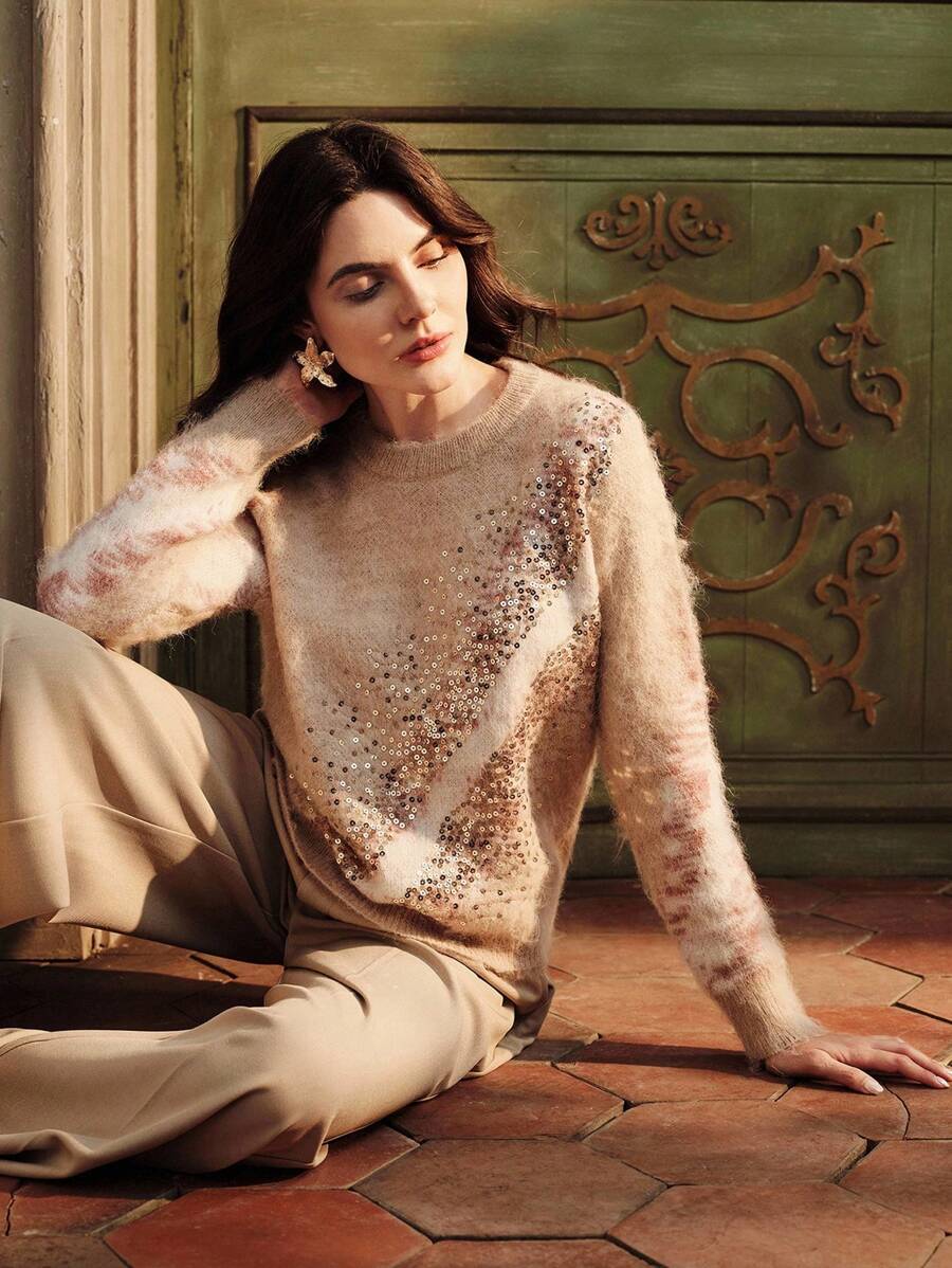 Anewsta Damski sweter w paski z okrągłym dekoltem i długim rękawem, cekinami - Wielokolorowe - Zobacz 1