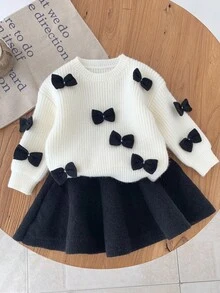 SHEIN LMoss Kids Babygirl Cute Bow Decor Long Sleeve Sweater & Elastic Waist Skirt 2-Piece Set, Versatile For Autumn/Winter Fall