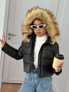 Sparklyn Girls' Padded Coat, Elegant, Luxury Fur Trim Hood, High-Tech Shiny Short Puffer Jacket, Versatile Padded Coat, Winter Fall - Black - View 6
