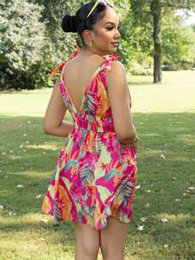 Melissa Matos Vestidos femininos de padrão tecido tropical floral com nó de cabo, curto e colado, ideal para férias, vestido tropical, vestido de praia, vestidos de verão para mulheres - Pink - Visão 2