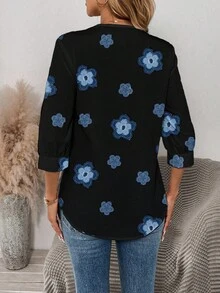 Modelyn 仿牛仔布女士休闲花卉印花办公室衬衫，适合秋冬季 - 黑色 - 查看 3