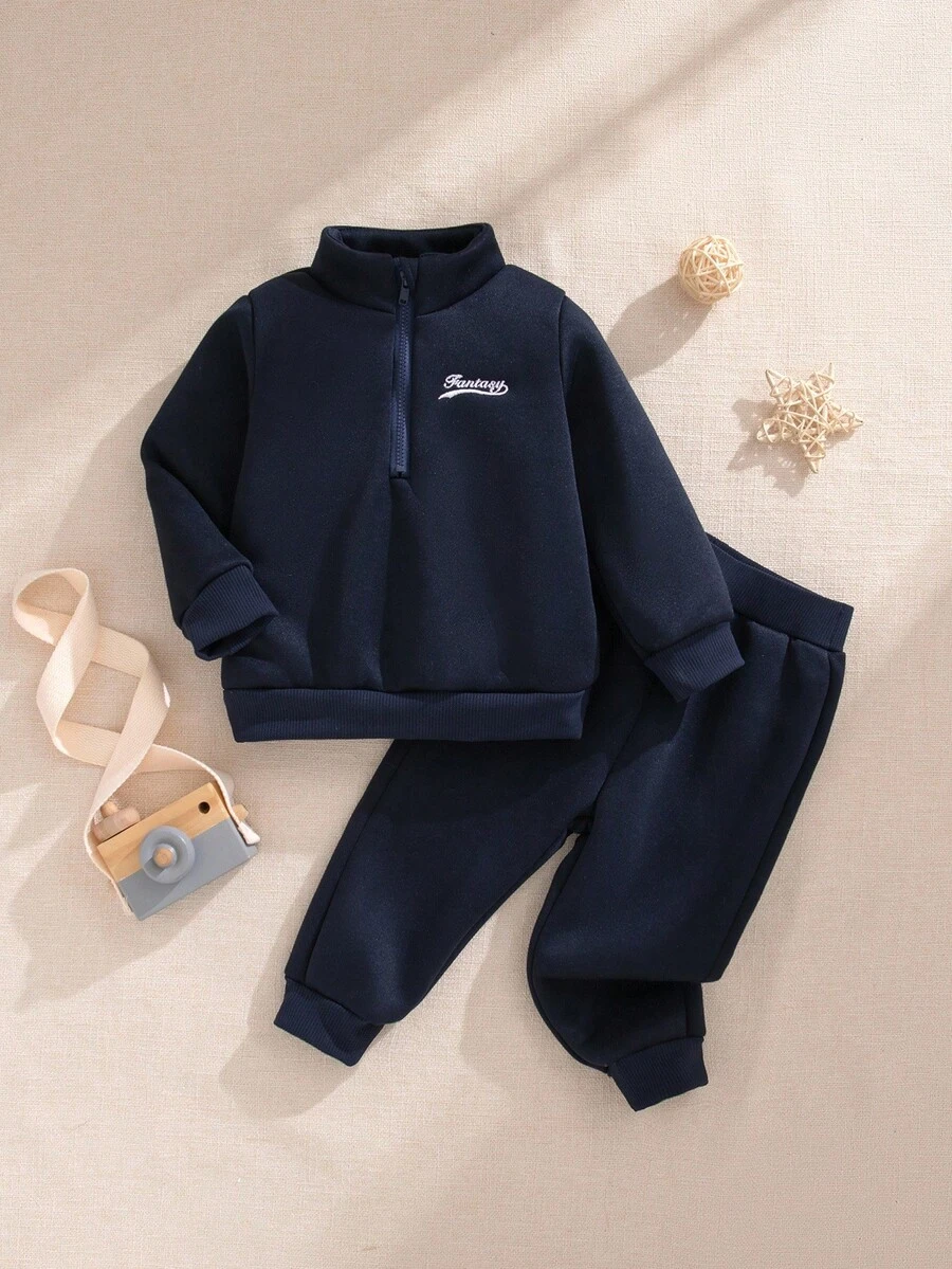 SHEIN 2pcs Baby Boy Navy Blue Autumn Casual Outfit,Stand Collar Long Sleeve Letter Print Half Zip Sweatshirt And Pants Set,Tracksuit For Date Winter Fall - Navy Blue - View 1