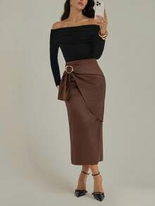 Modelyn Women's Fashionable & Versatile Elegant Metal Buckle Midi Skirt Fall Cloth For Women