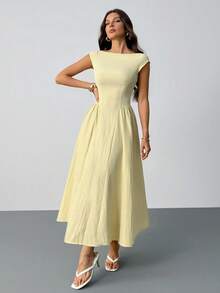 SHEIN Tall 女士优雅纯色束腰长裙，夏季 - 黃色 - 查看 3