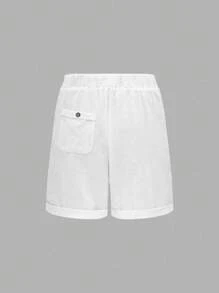 Linhara Plus Size Women's Washed Cotton Cinched Waist Sleeveless Backpack Pocket Button Decor Cropped Top