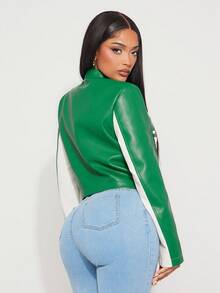 SHEIN SXY Women's Contrast Color Jacket, Chic Motorcycle Crop Top, Versatile For Autumn,Business, Retro, Outing, Old Money,Siren Coquettish,  Cruise Attire, Commuting,  Richly Layered, Date Night, Gathering, Minimalism, Birthday, Formal Event, Break, Modest, Chic, Casual, Shopping, Street Wear, Going Out,ملابس شتوية للنساء