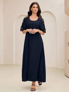 SHEIN Lacomfia Vestido largo elegante de encaje con parches y calado, para verano