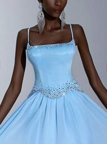 Elitara 优雅奢华浅蓝色缎面手工水钻肩带超大 A 字裙摆连衣裙，适合约会、单身派对、招待会、舞会、正式场合、庆典和宴会正式礼服 - 淺藍色 - 查看 3