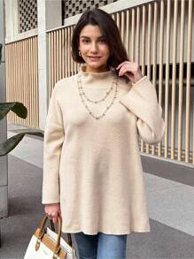 SHEIN LUNE Turtle Neck Top Old Money Long Sweater Knitted Sweater Turtle Neck Sweater - Apricot - View 4