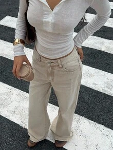 Siren Gaze 女士口袋宽松阔腿休闲百搭牛仔裤 - 杏色 - 查看 6