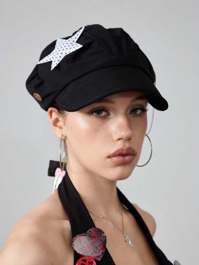 Grunge Punk 1pc Black Y2K Punk Retro Polka Dot Star Millennium Streetwear Vibe Metal Clip Chained Fashion Beret Hat For Women, Suitable For Casual, Travel And More
