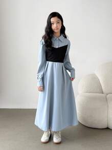 Tween Girls Casual Korean Style 2 In 1 Dress, Suitable For Daily Wear And School - Blue - View 5