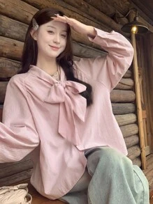 DAZY Blusa de manga larga con rayas y lazo estilo coreano para mujer, primavera/otoño - Rosa Pálido - Ver 1