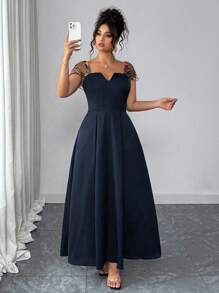 Auvina Women's Elegant Jacquard Patchwork Summer Dress - Navy Blue - View 6