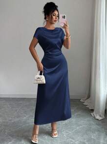 Rafferiza Women's Elegant Date/Commute Turtleneck Tie-Up Satin Short Sleeve Dress - Blue - View 4