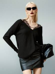 Airlisse Women's V-Neck Lace Patchwork Ribbed Loose Knit T-Shirt, Spring/Autumn - Black - View 4