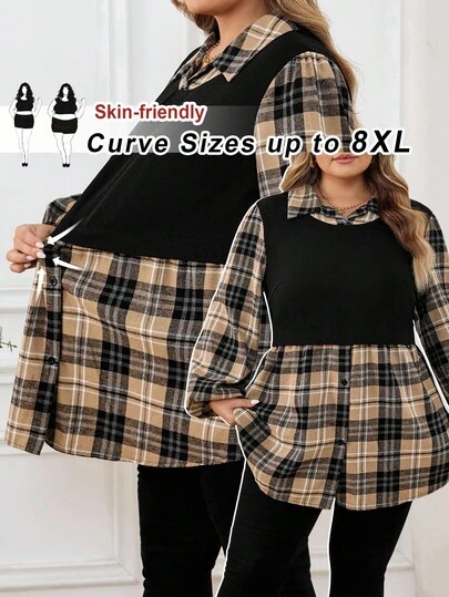 SHEIN CURVE+ 大码立领格子长灯笼袖针织撞色拼接休闲宽松衬衫，办公室装女士两件套纽扣装饰/秋冬