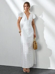 CLARA VERO Women Solid Color Embroidery Detailed Maxi Dress - White - View 7