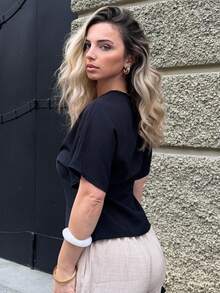 Jeta Ari Elegant Flared Sleeve Double-Breasted Cardigan, Solid White Simple Casual Shirt - Black - View 6