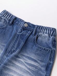 بنطلون جينز واسع الساق مهترئ بتصميم كاجوال رجعي مناسب للجنسين، لفتيات البدناء، باللون الأزرق - الأزرق - مشاهدة 7