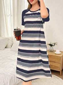 Contrast Color Striped Print Short Sleeve Women Nightgown  Cozy And Elegant Details