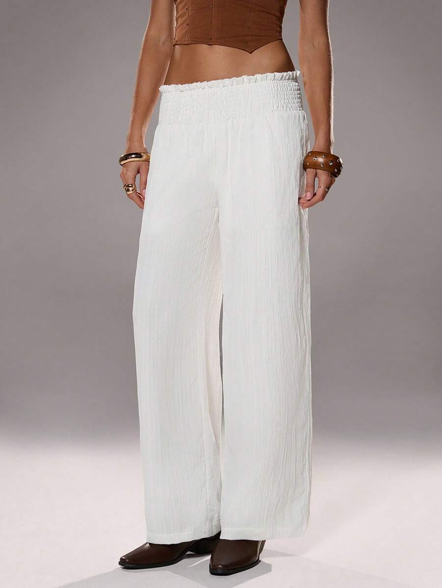 SHEIN Unity 女士宽松波西米亚高腰抽绳阔腿裤，适合休闲、海滩、旅行 - 白色 - 查看 1