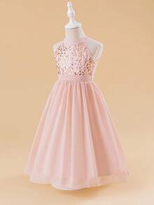 Glamorique Kids 年轻女孩优雅闪亮亮片无袖雪纺派对连衣裙，粉色 - 粉色 - 查看 4