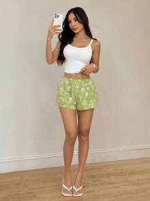 SHEIN PETITE Pantaloni scurți din șifon brodat cu paiete verzi pentru femei, potriviți pentru vară, mici, casual și slăbire - Verde - Vizualizare 6