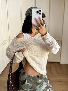 StreetHx Women's Streetwear Solid Color Button Twist Oblique Shoulder Casual Long Sleeve Sweater Top - Apricot - View 1