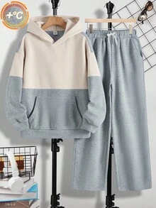 SHEIN 青少年男童休闲街头纯色刺绣细节舒适套头连帽衫和运动裤套装，适合通勤、上学、日常休闲、旅行、运动、派对、秋冬 - 彩色 - 查看 6